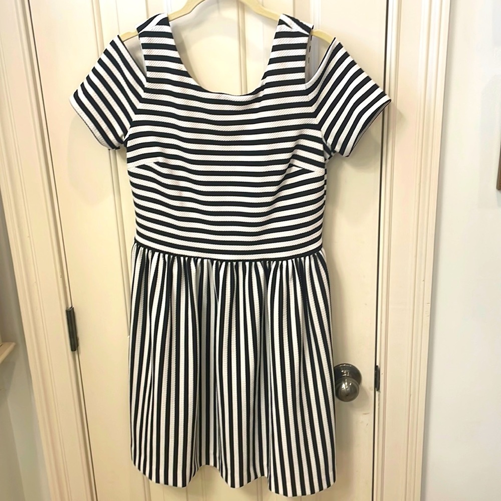 Trina Turk dress, black and white stripe with cut outs cap sleeves, size 8